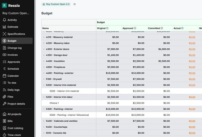 Budget - Cost code example