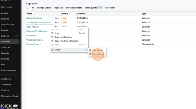 Export project approvals to Excel - Step 1