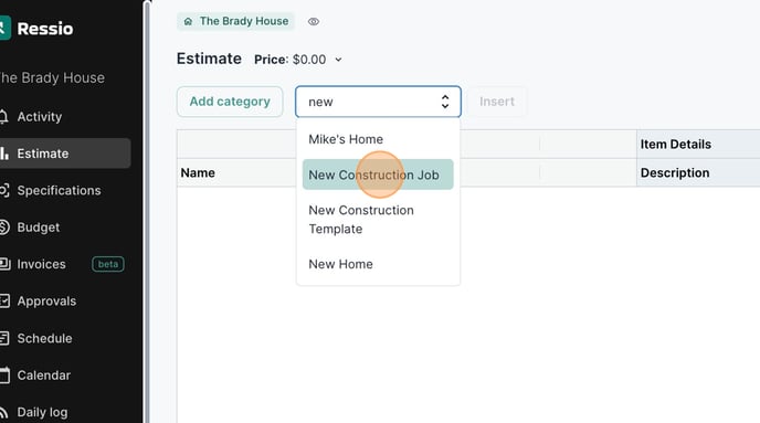 Starting a new Estimate from a Template - Step 3