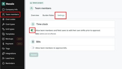 Team member edit admin settings